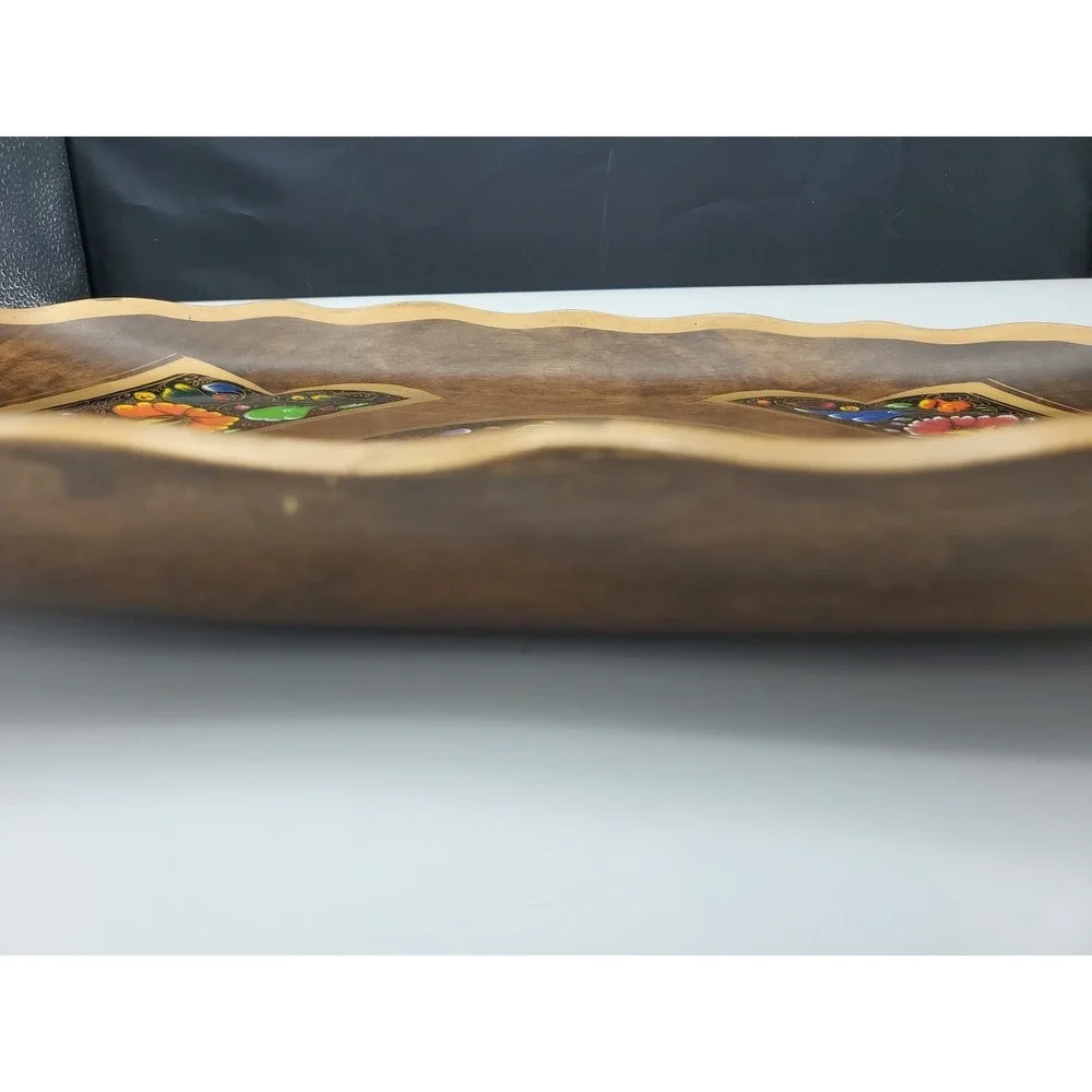 Vtg Mexico Batea Wood Hang Decor Serving Tray Handles Handpainted Bright Flowers